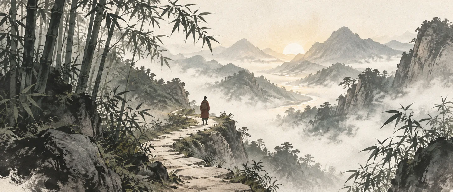 竹影中的山路通向远处微光,一位行者驻足望向群山